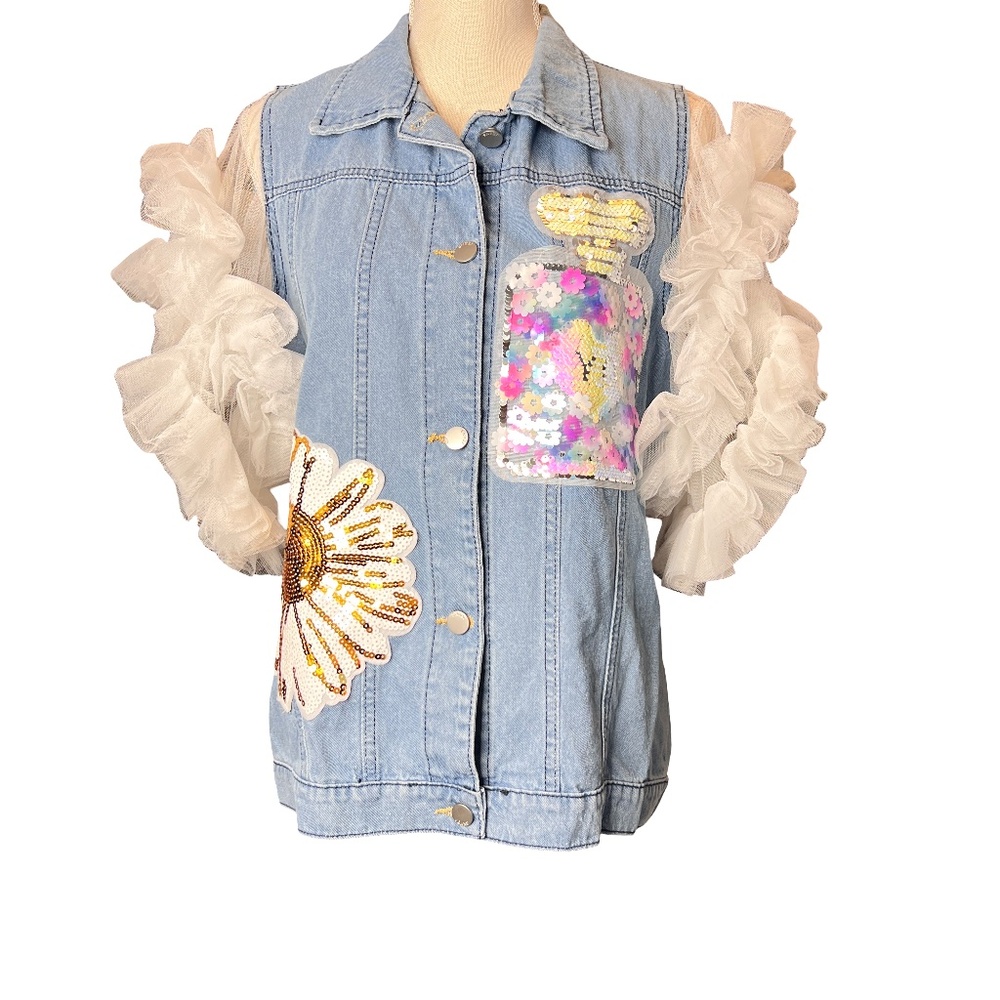 #A129  N By Nancy  Denim Vest  cottagecore  Ruffled Organza Sleeves  NWT  L - Picture 6 of 13